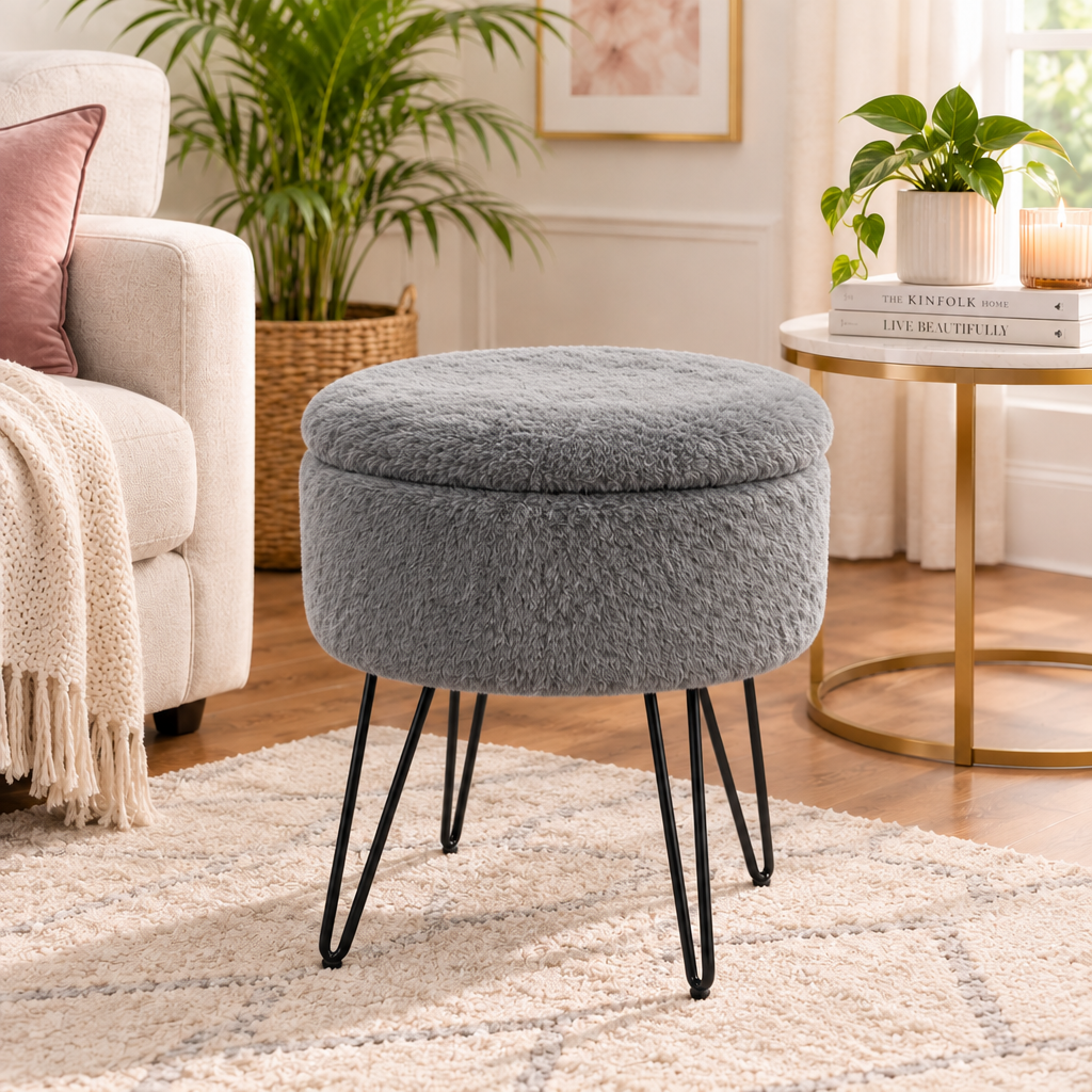 Faux Fur Storage Stool – Fluffy Dressing Table Stool