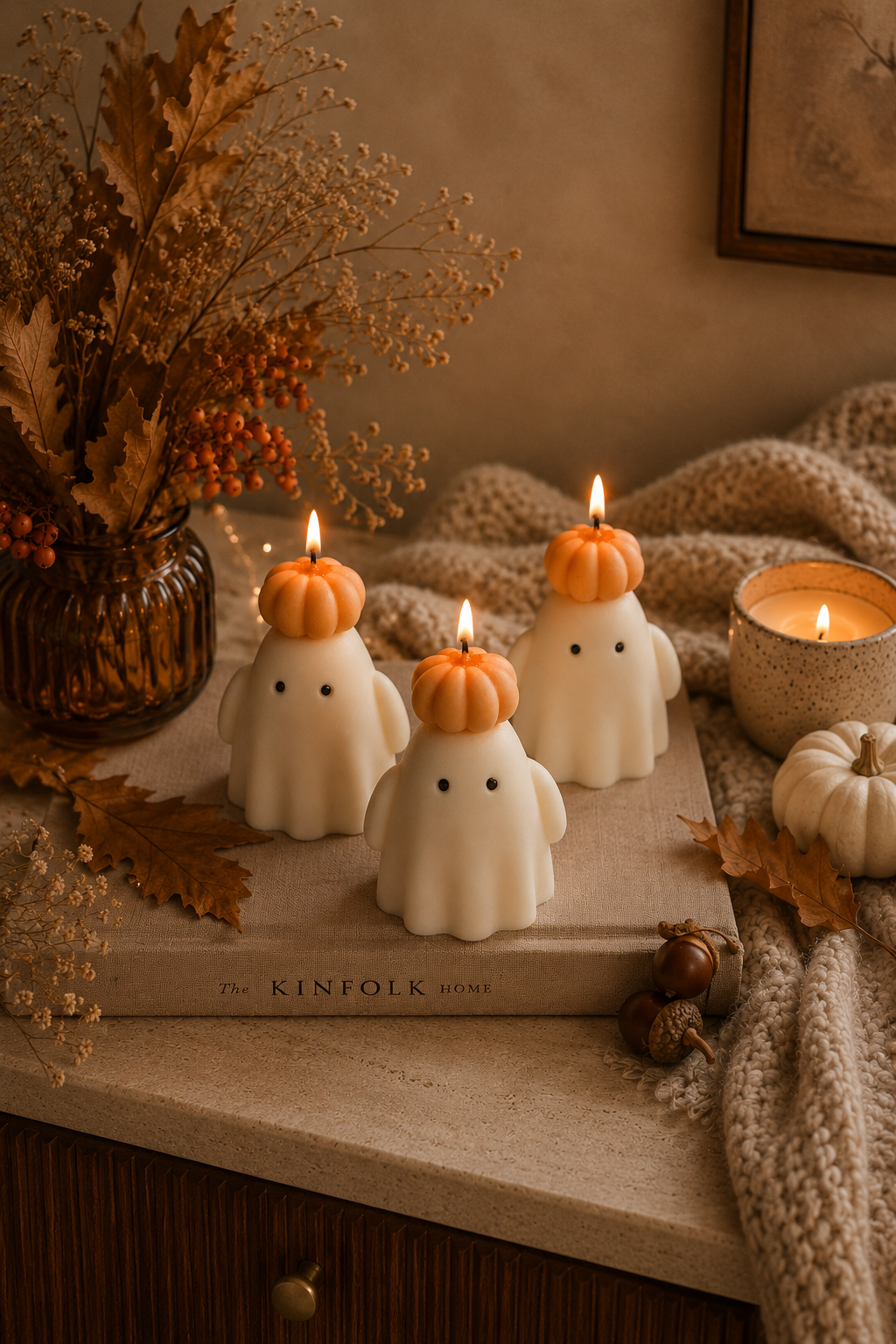 Ghost Candle with Pumpkin Hat – Handmade Soy Wax Candle