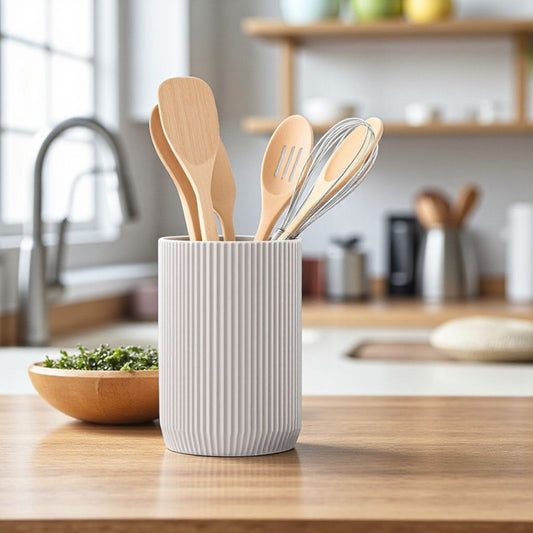 Ribbed Ceramic Utensil Holder – Minimalist Kitchen Pot