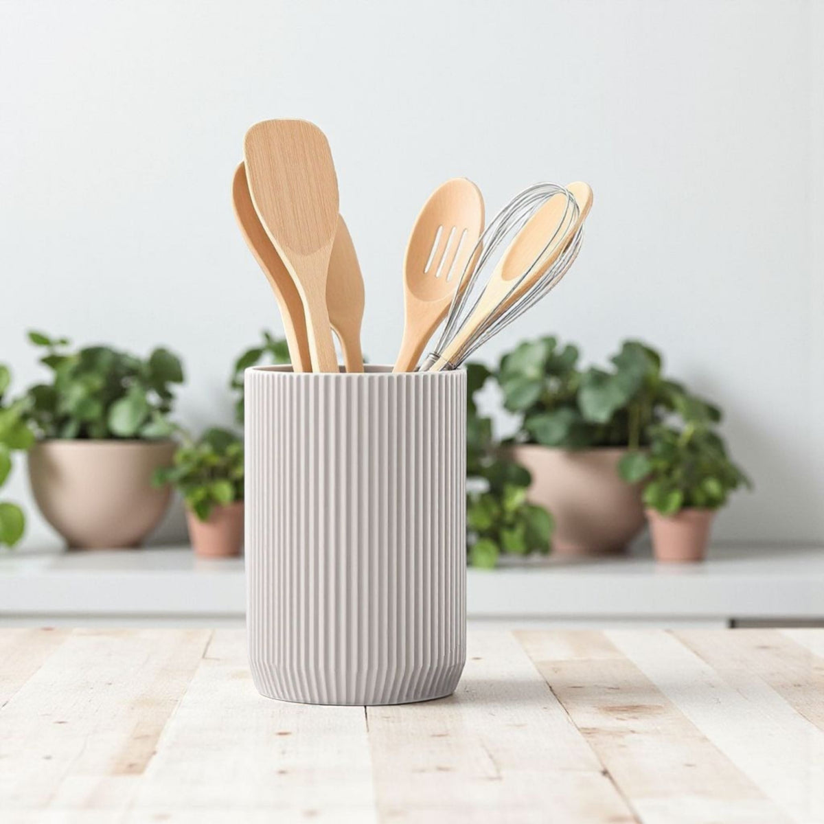 Ribbed Ceramic Utensil Holder – Minimalist Kitchen Pot