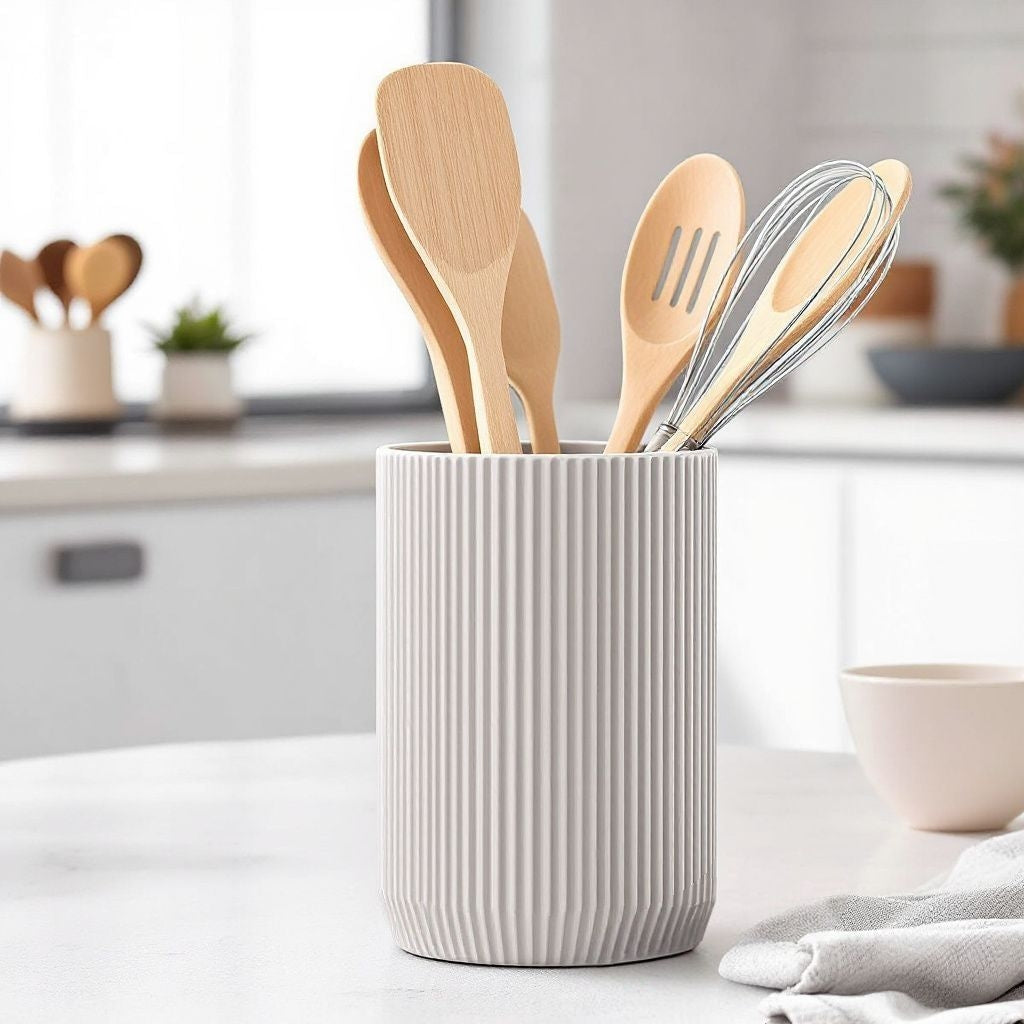 Ribbed Ceramic Utensil Holder – Minimalist Kitchen Pot
