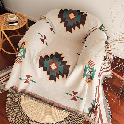 Boho Woven Throw Blanket – Geometric Fringed Sofa Throw