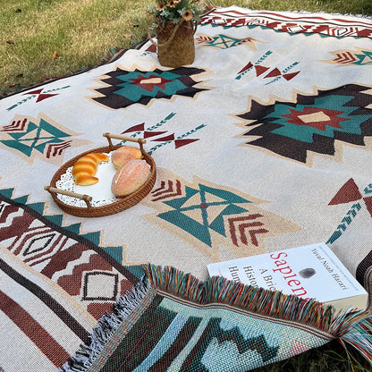 Boho Woven Throw Blanket – Geometric Fringed Sofa Throw