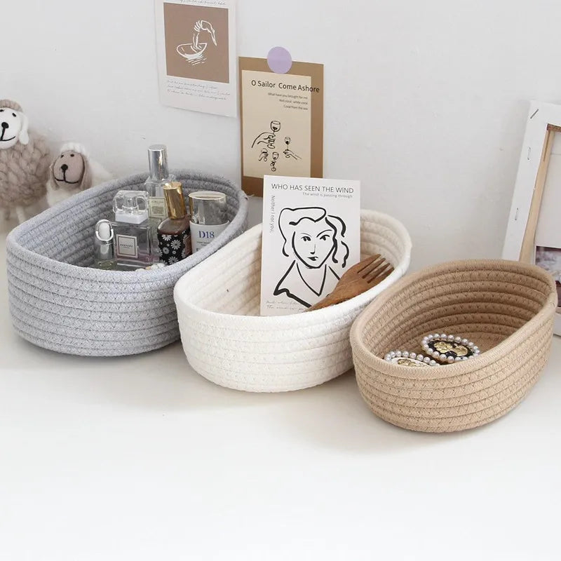 Cotton Rope Storage Basket – Small Woven Desk Organiser