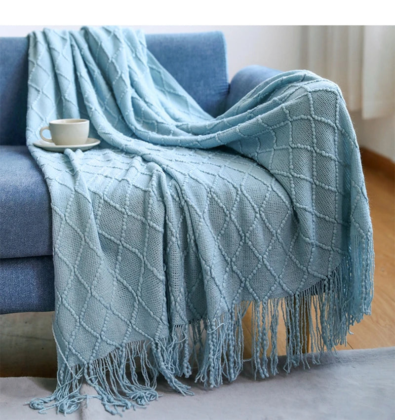 Chunky Knit Throw Blanket – Soft Tasselled Sofa Throw