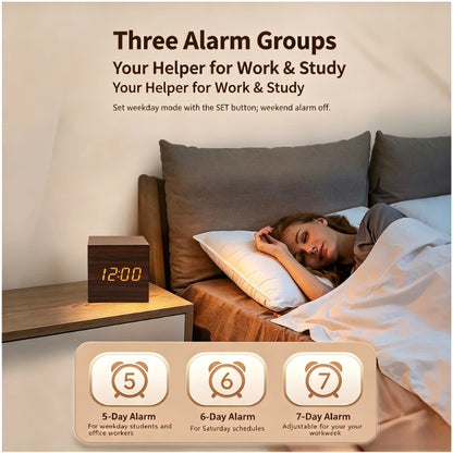 Wooden LED Alarm Clock – Sound-Activated Bedside Clock