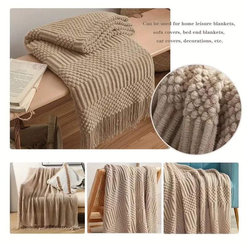Chunky Knit Throw Blanket – Soft Tasselled Sofa Throw