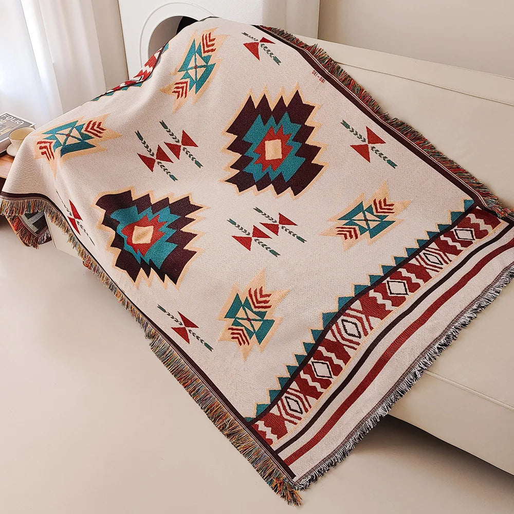 Boho Woven Throw Blanket – Geometric Fringed Sofa Throw
