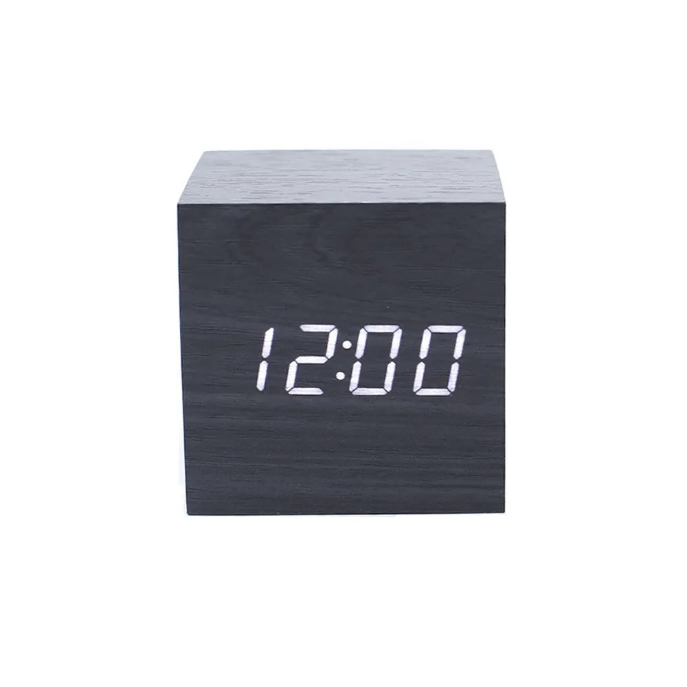 Wooden LED Alarm Clock – Sound-Activated Bedside Clock