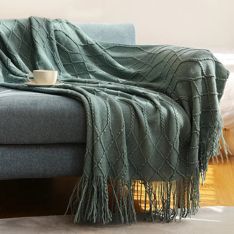 Chunky Knit Throw Blanket – Soft Tasselled Sofa Throw