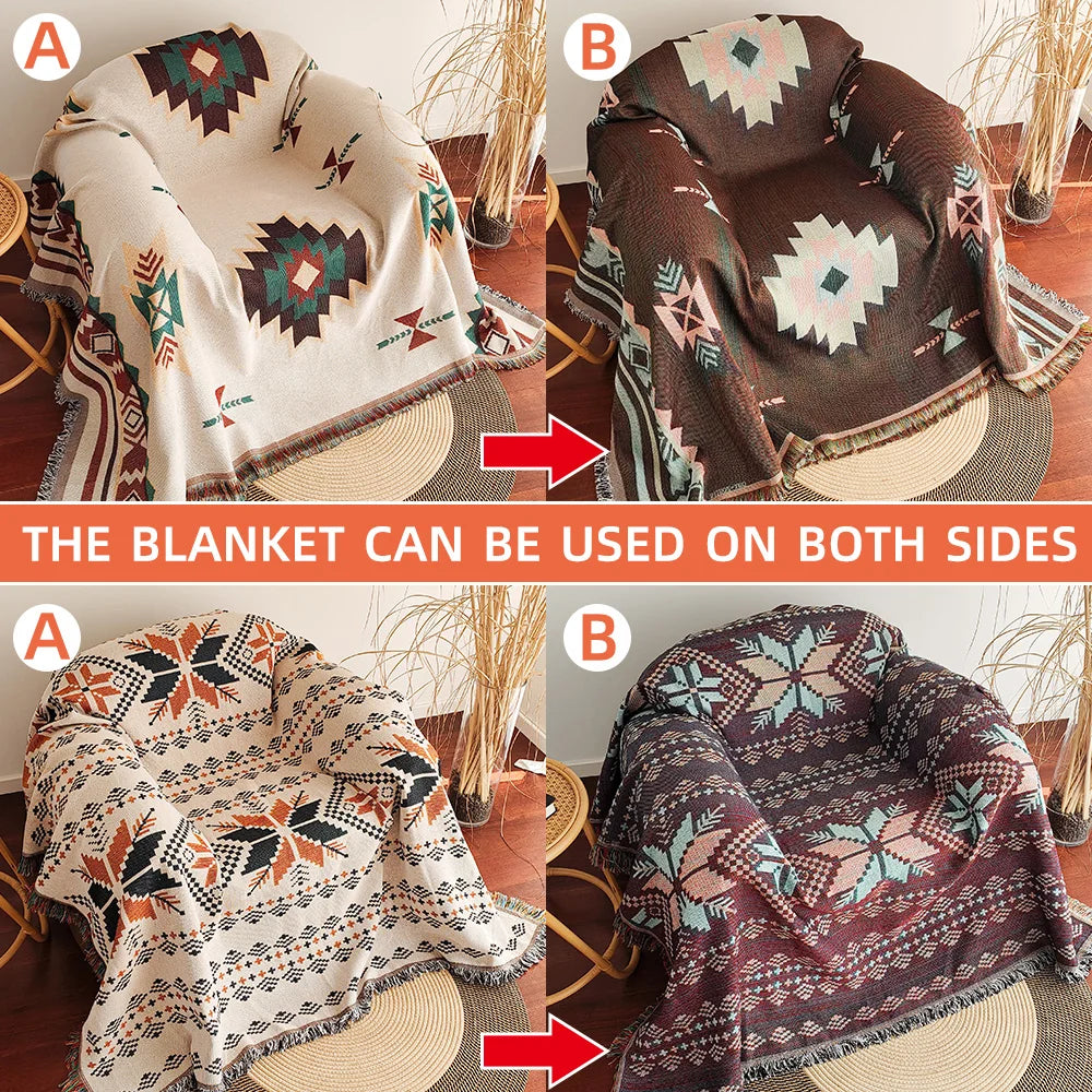 Boho Woven Throw Blanket – Geometric Fringed Sofa Throw