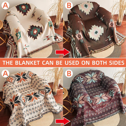 Boho Woven Throw Blanket – Geometric Fringed Sofa Throw