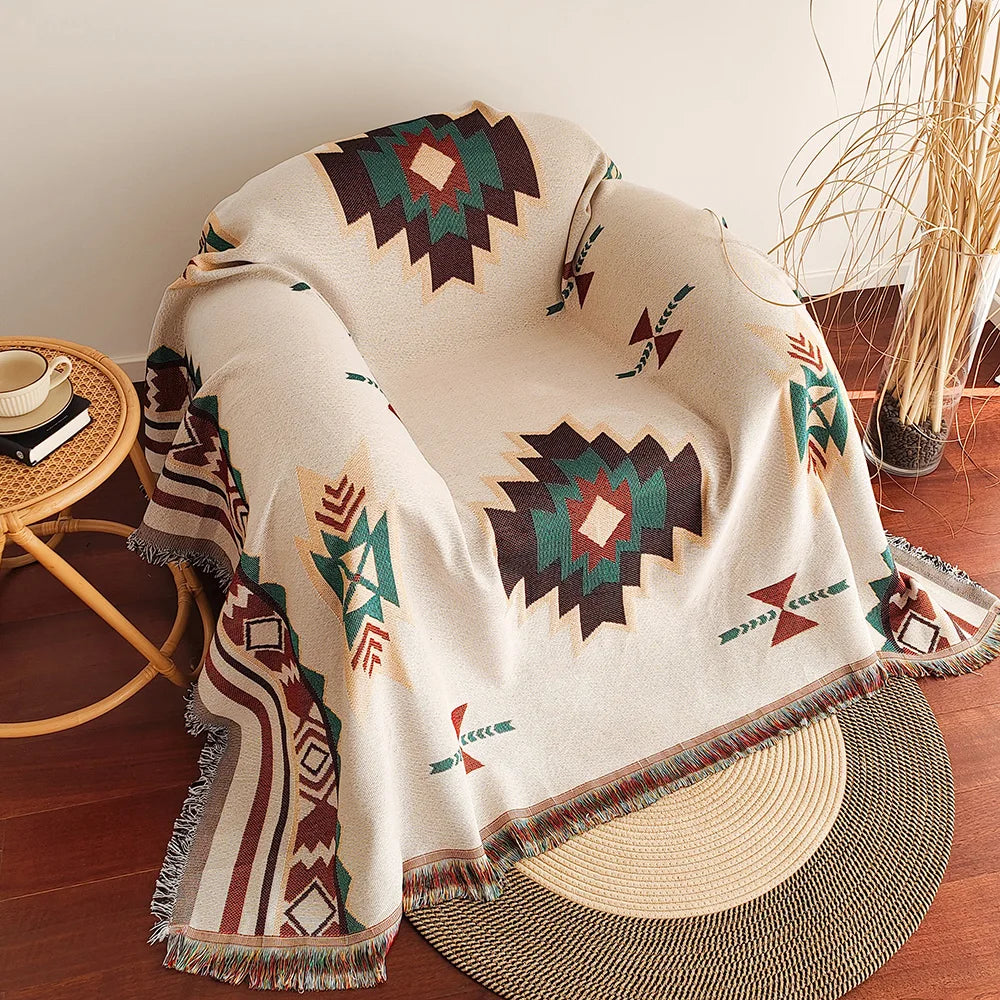 Boho Woven Throw Blanket – Geometric Fringed Sofa Throw