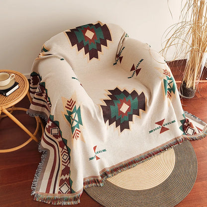 Boho Woven Throw Blanket – Geometric Fringed Sofa Throw