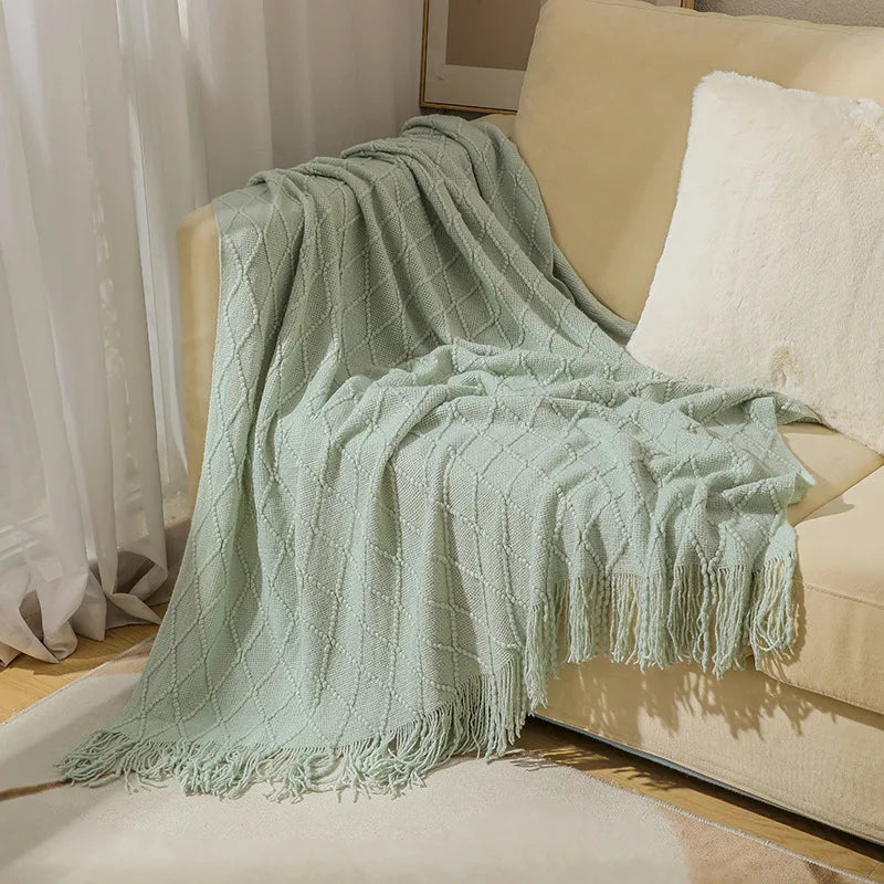 Chunky Knit Throw Blanket – Soft Tasselled Sofa Throw