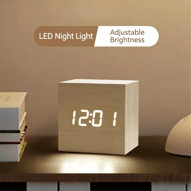 Wooden LED Alarm Clock – Sound-Activated Bedside Clock