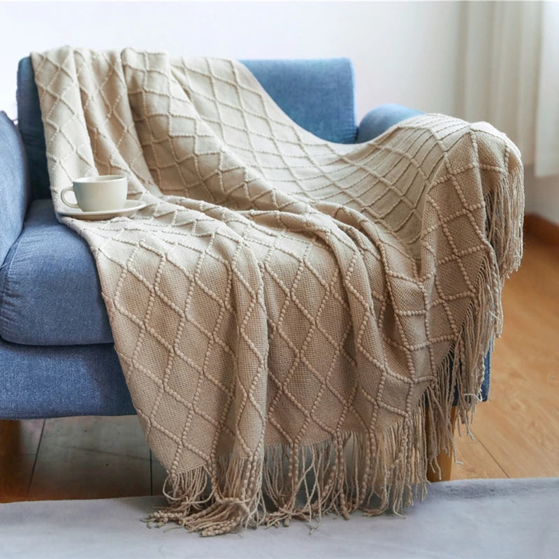 Chunky Knit Throw Blanket – Soft Tasselled Sofa Throw