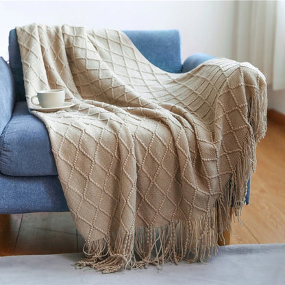 Chunky Knit Throw Blanket – Soft Tasselled Sofa Throw