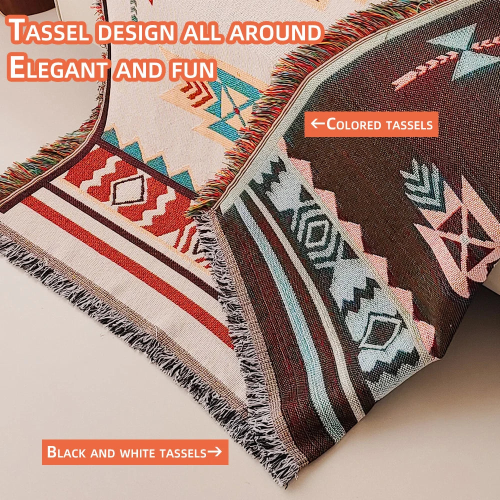 Boho Woven Throw Blanket – Geometric Fringed Sofa Throw