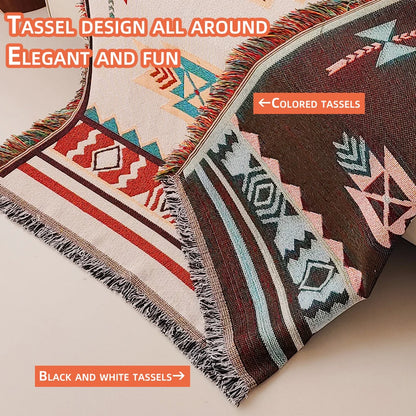 Boho Woven Throw Blanket – Geometric Fringed Sofa Throw