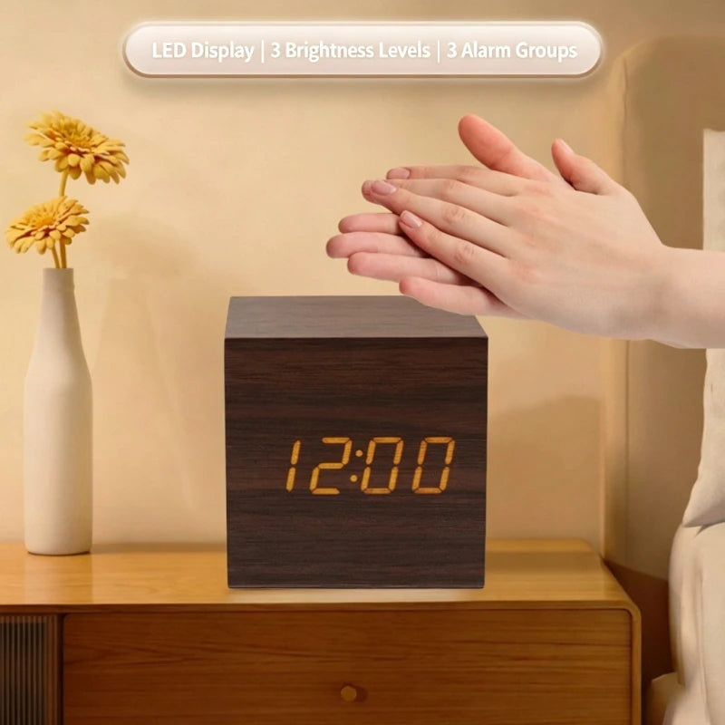 Wooden LED Alarm Clock – Sound-Activated Bedside Clock