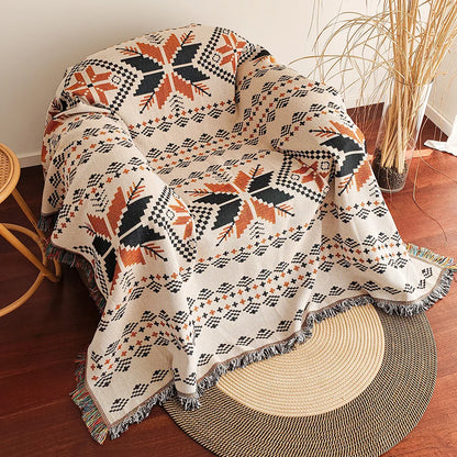 Boho Woven Throw Blanket – Geometric Fringed Sofa Throw