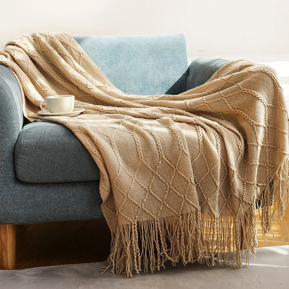 Chunky Knit Throw Blanket – Soft Tasselled Sofa Throw