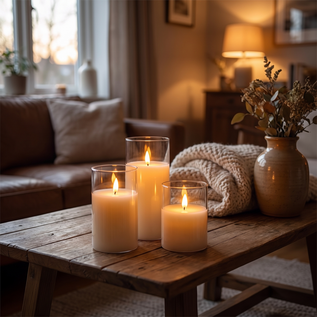 Set of three flameless LED candles glowing on a wooden coffee table