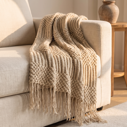 Khaki chunky knit throw blanket with tassels draped over a sofa arm