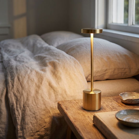 Gold cordless table lamp glowing on a wooden bedside table