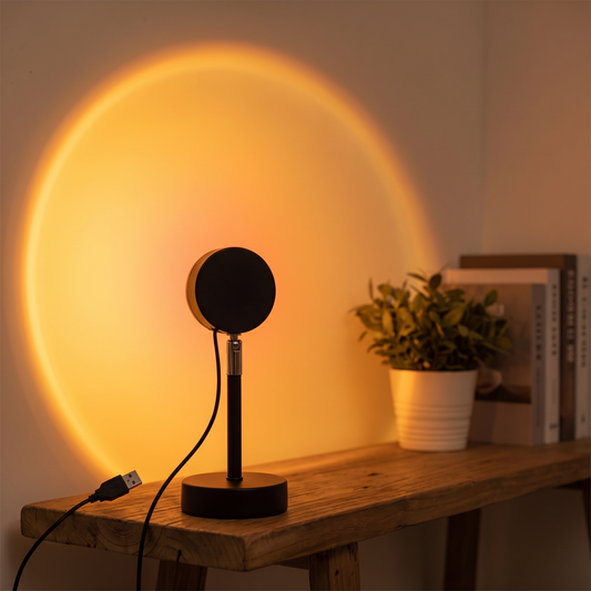 Sunset projection lamp casting a warm amber halo on a bedroom wall