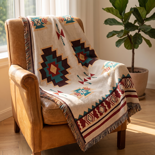 Boho woven throw blanket with fringe over a leather armchair