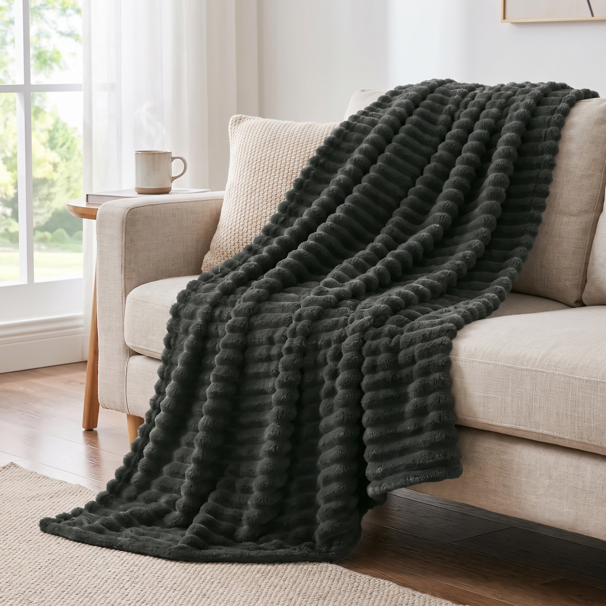 Ribbed fleece throw blanket draped over a sofa