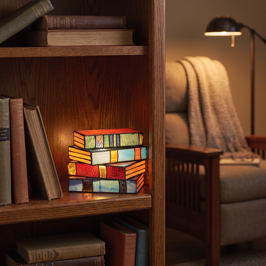 Stacked books lamp glowing on a bookshelf