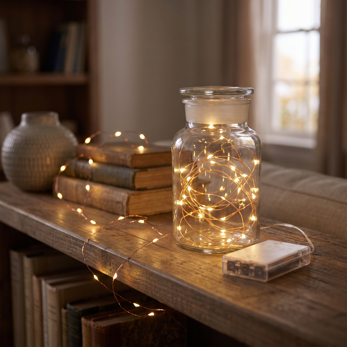 Warm white fairy lights in a glass jar on a shelf