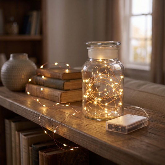 Warm white fairy lights in a glass jar on a shelf