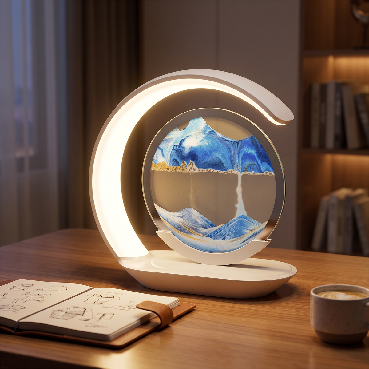 Quicksand table lamp glowing on a desk