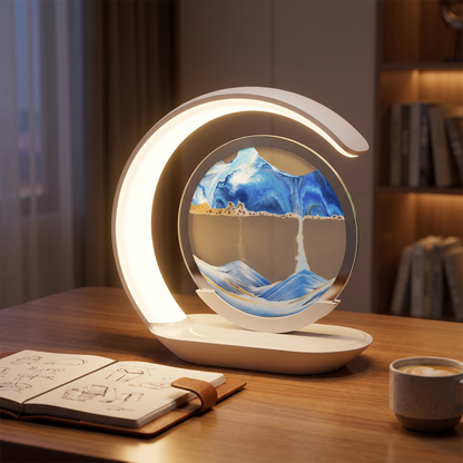 Quicksand table lamp glowing on a desk