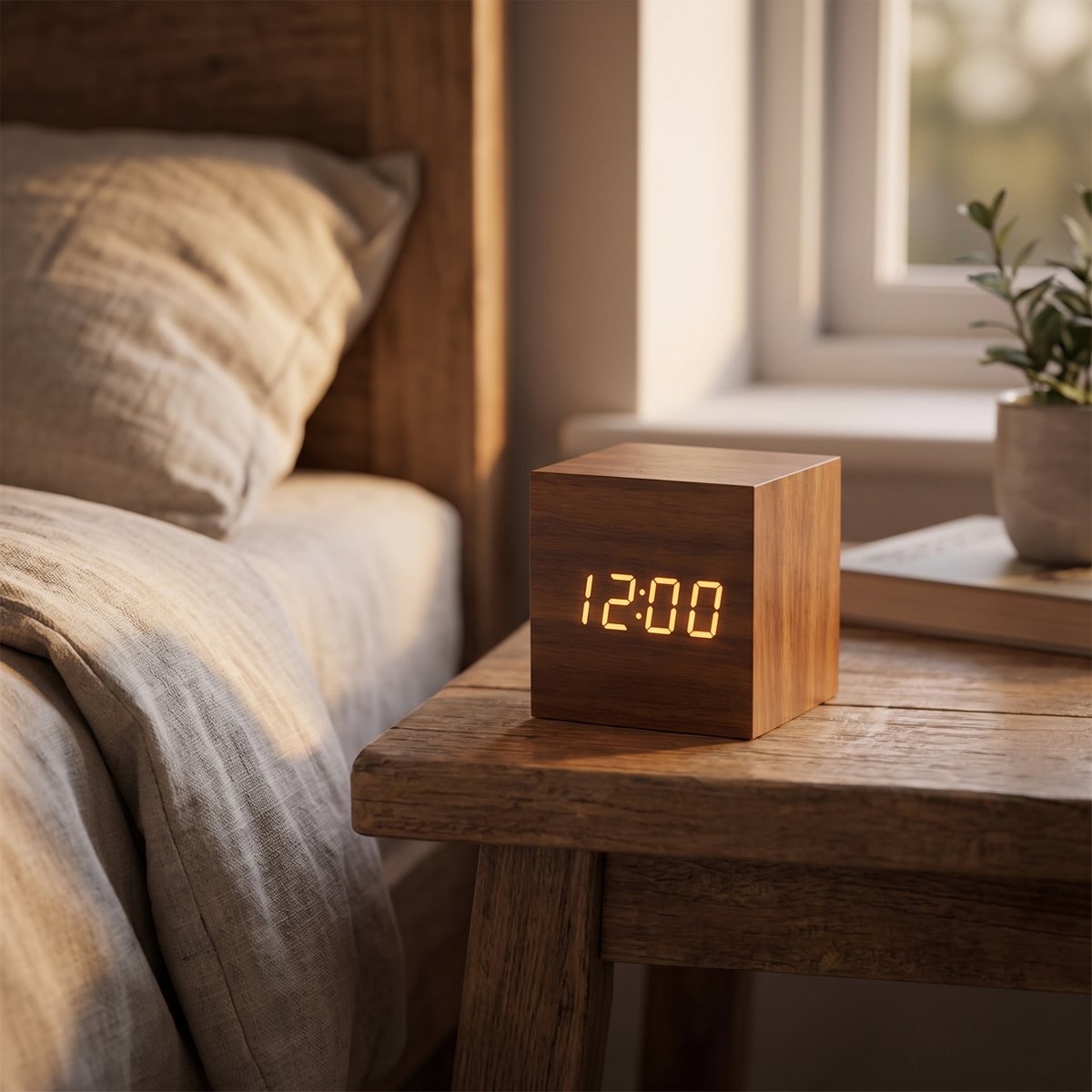Wooden LED alarm clock on a bedside table
