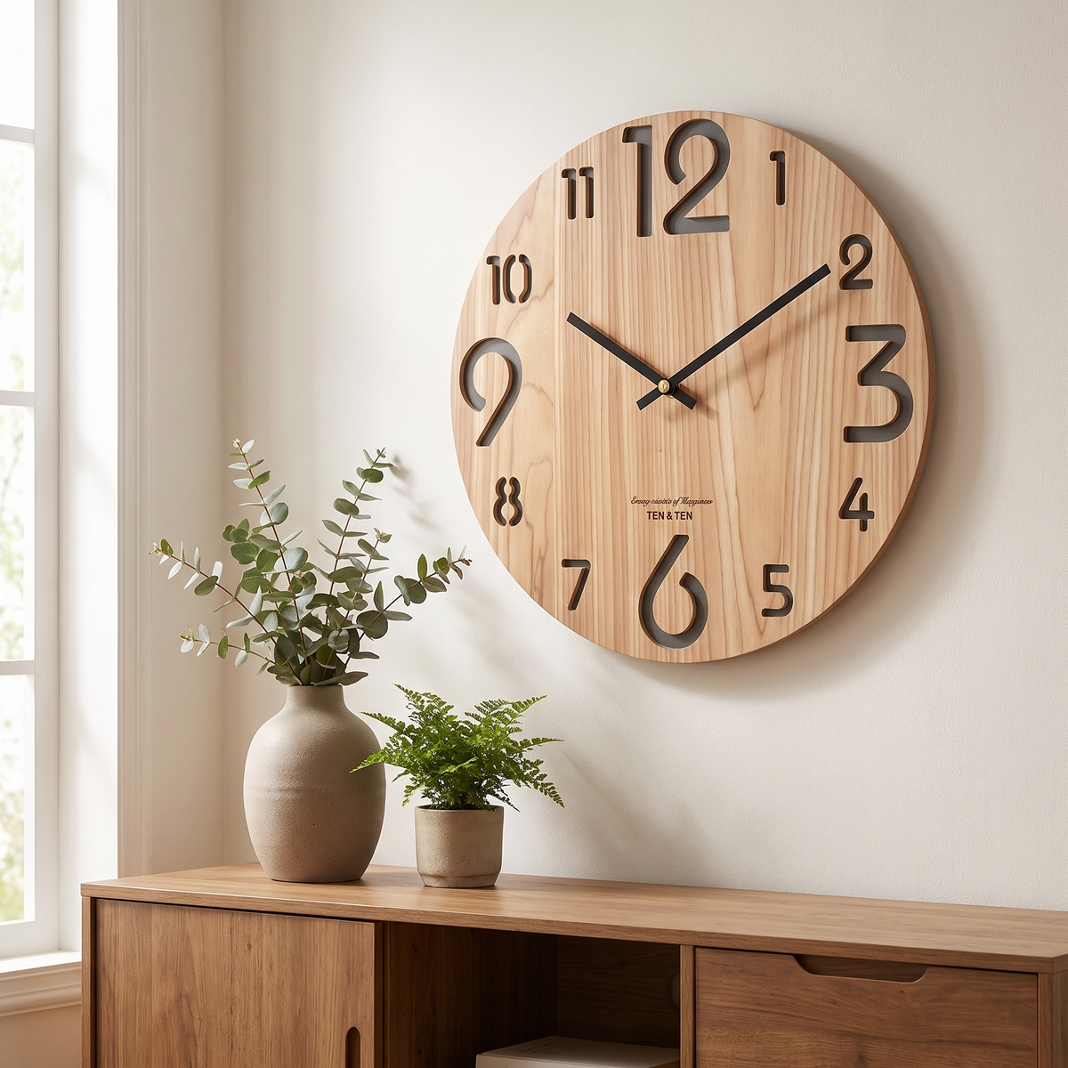Nordic wooden wall clock above a sideboard in a living room
