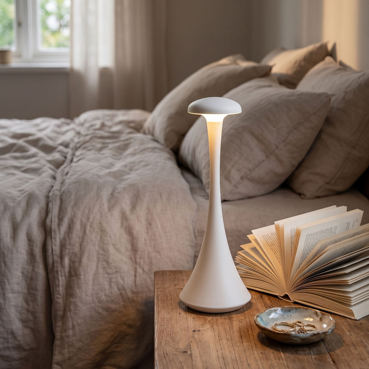 White mushroom table lamp glowing on a bedside table