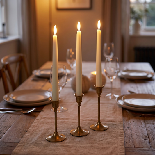 Flameless LED taper candles glowing on a dining table