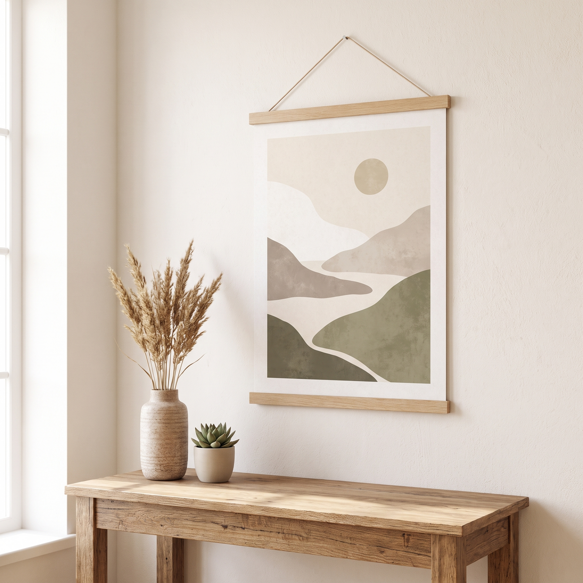 Magnetic wooden poster hanger holding an art print on a wall