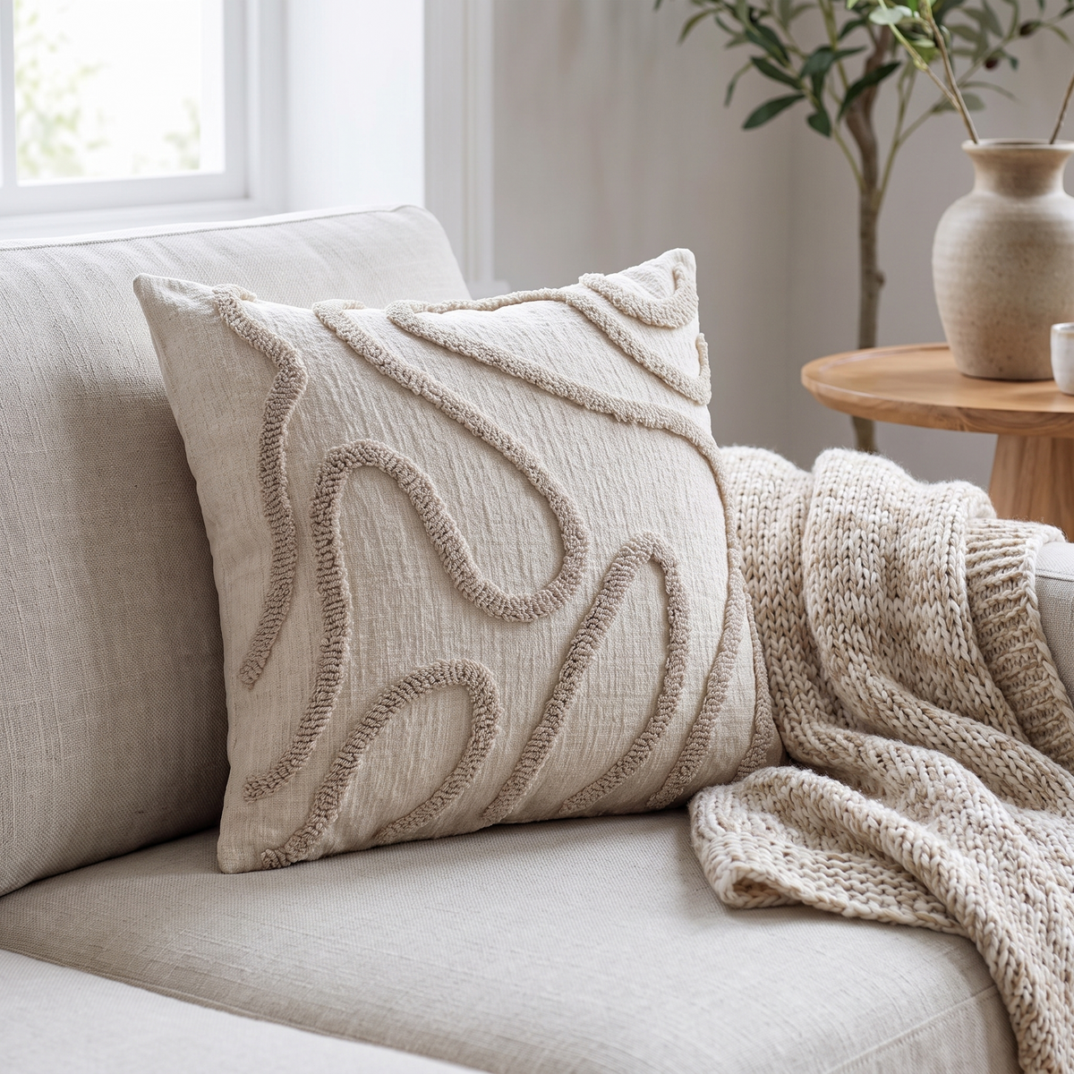 Chenille cushion with geometric line pattern on a linen sofa