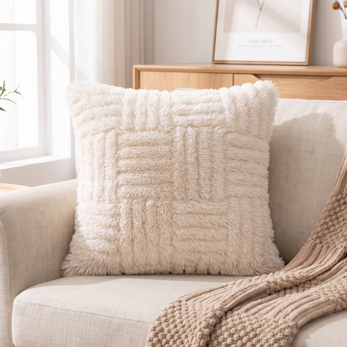 Cream plush textured cushion on a linen sofa