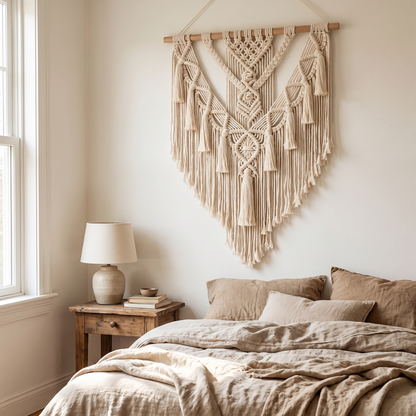 Macramé wall hanging above a bed with linen bedding
