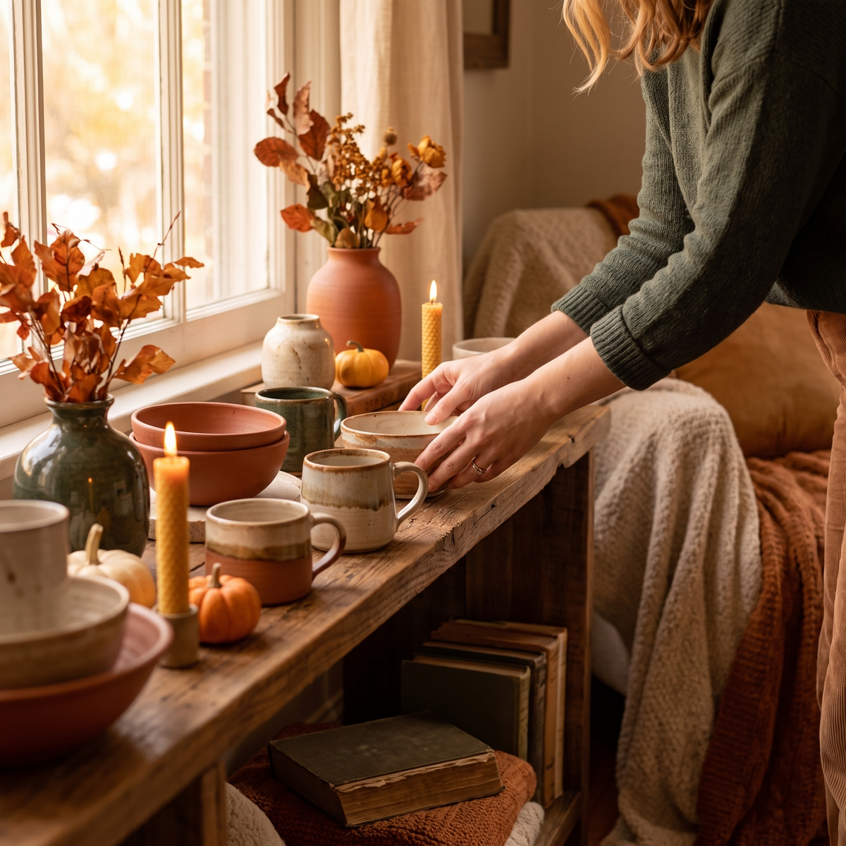 Hands arranging ceramics on a wooden shelf