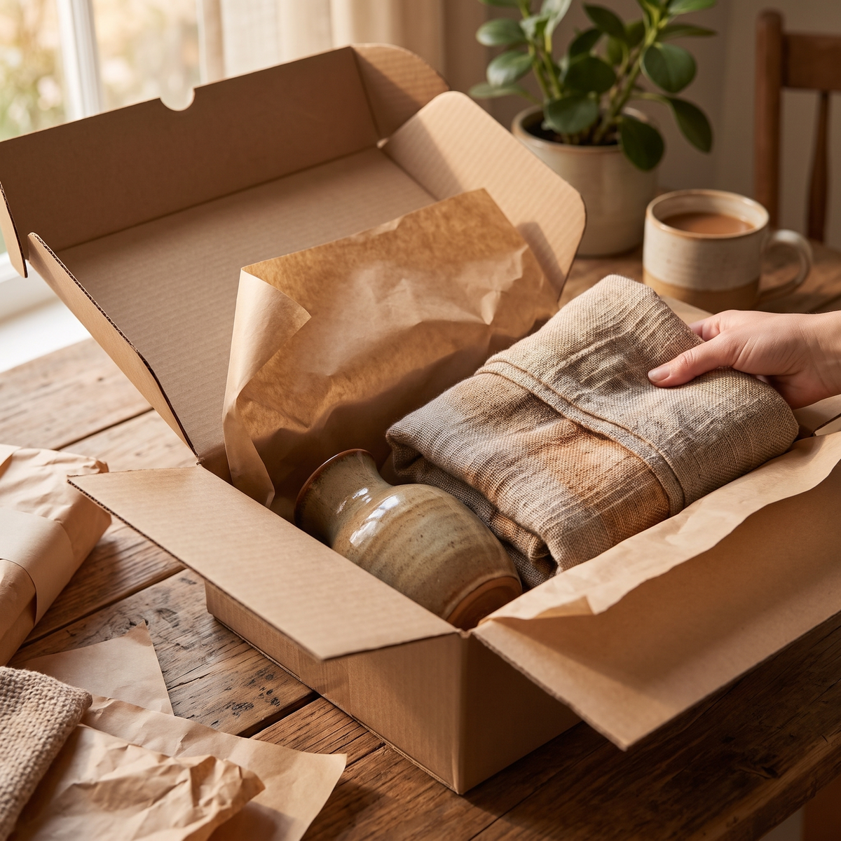 Parcel being unpacked on a wooden table